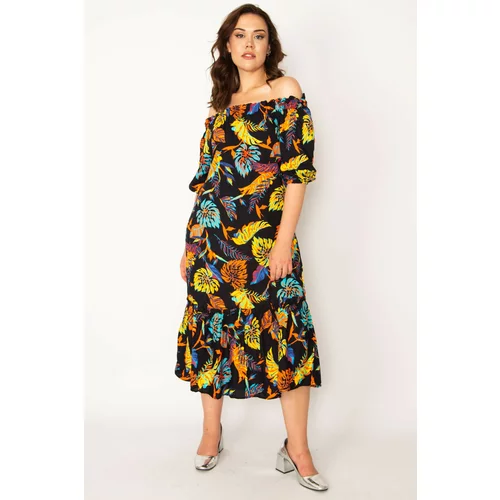Şans Women's Plus Size Colored Carmen Collar Skirt Layered Woven Viscose Fabric Long Dress