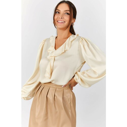 armonika Women's Cream Cotton Satin Blouse with Frilled Collar on the Shoulders and Elasticated Sleeves Cene