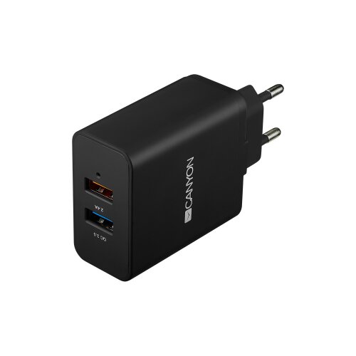 Canyon H-07 Universal 2xUSB AC charger (in wall) with over-voltage protection(1 USB with Quick Charger QC3.0), Input 100V-240V, Output USB/5V-2.4A+QC3.0/5V-2.4A&amp;amp;9V-2A&amp;amp;12V-1.5A, with Smart IC, Black rubber coating+QC3.0 port in blue/other port in orange, 9 Slike