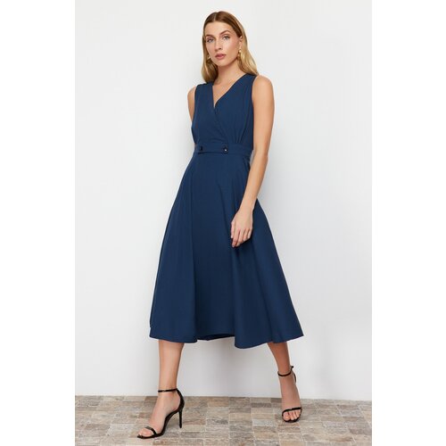 Trendyol Navy Blue A-line double-breasted Collar Button Detail Woven Midi Dress Slike