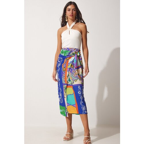  Women&amp;#039;s Navy Blue Green Patterned Satin Surface Viscose Wrapped Skirt Slike