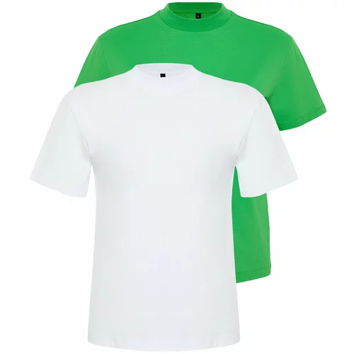 Trendyol Green-White 2 Pack Basic Stand Collar Knitted T-Shirt