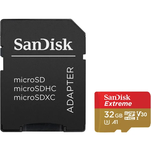 San Disk Extreme microSDHC 32GB + SD Adapter for Action Sports Cameras - 100MB/s A1 C10 V30 UHS-I U3