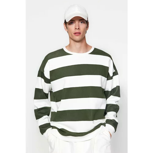 Trendyol Green Unisex Oversize/Wide-Fit Crew Neck Striped Fleece Interior Cotton Sweatshirt.