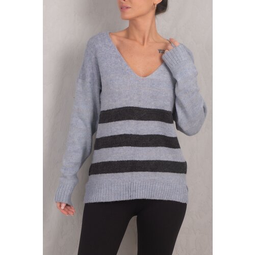 armonika Women's Baby Blue Lily V-Neck Striped Knitwear Sweater Cene
