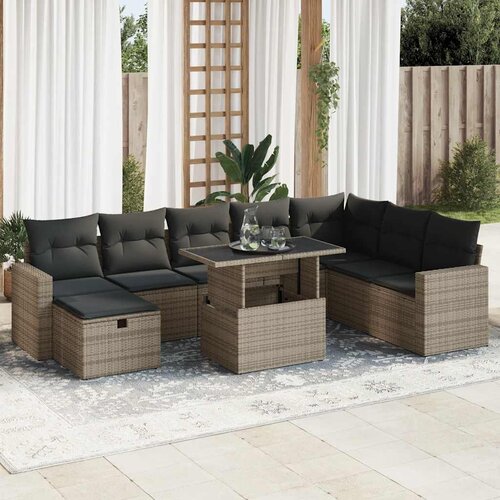  9-dijelni set vrtnih sofa od poliratana s jastucima sivi Slike