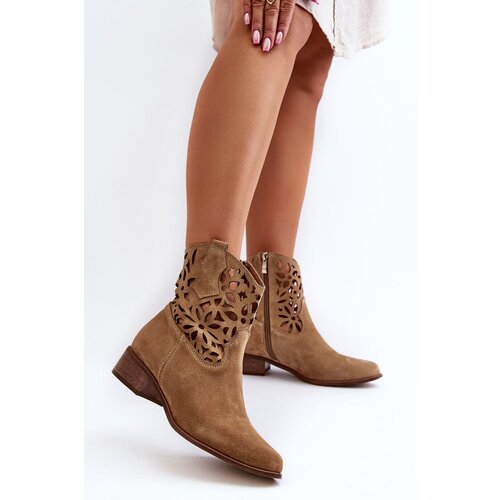 Zazoo 3404 Cut-out Cowboy Boots Low Heel Suede Light Beige Cene