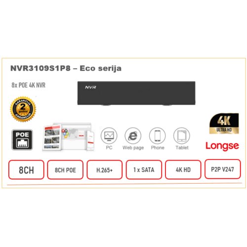 NVR POE Longse snimač 8ch 4K H.265 Eko serija Cijene