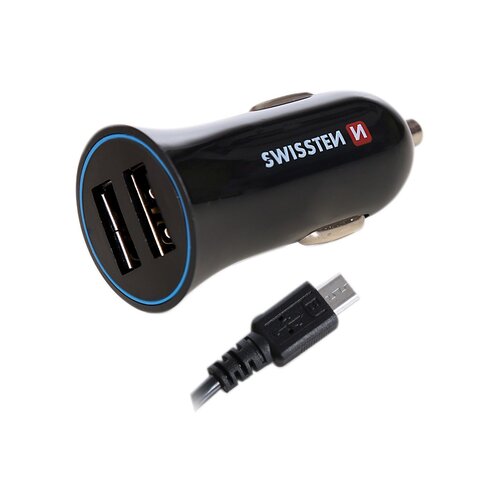 Swissten 20110900 2xUSB auto punjač + micro USB kabel, 2,4A, crni Slike