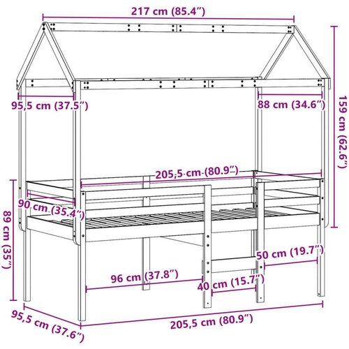 VidaXL Visoki krevet s krovom bijeli 90 x 200 cm od masivne borovine Slike