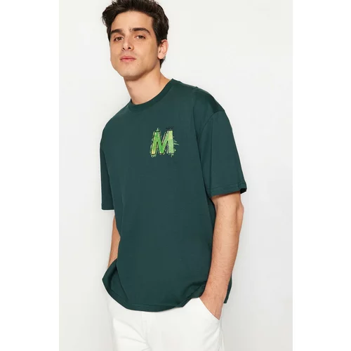 Trendyol Emerald Green Men's Relaxed/Comfortable Cut Short Sleeve Text Printed 100% Cotton T-Shirt