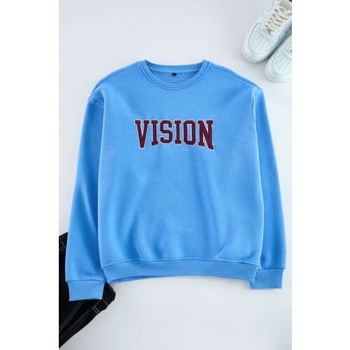 Trendyol Blue Unisex Oversize/Wide Cut Embroidered Fleece Sweatshirt Cene