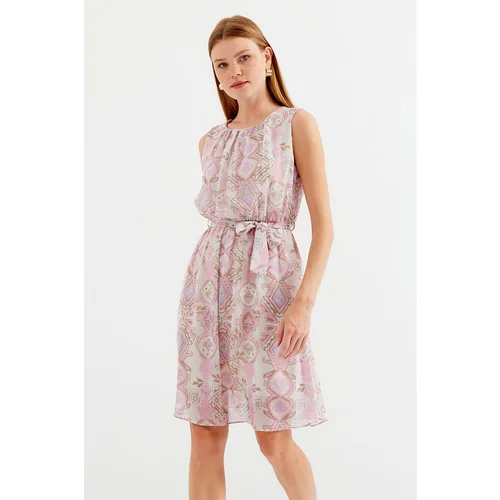 Bigdart 2501 Patterned Zero Sleeve Chiffon Dress - Pink