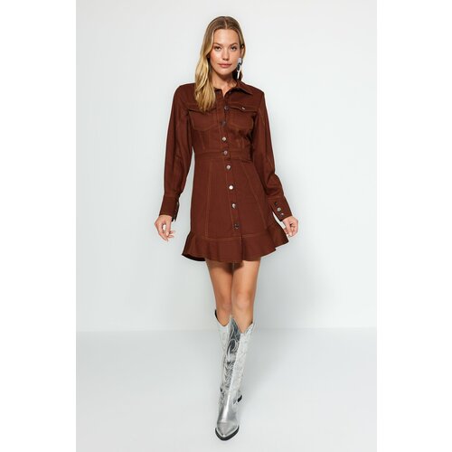Trendyol Brown Button Detailed Woven Shirt Dress with Stitching Detail Slike