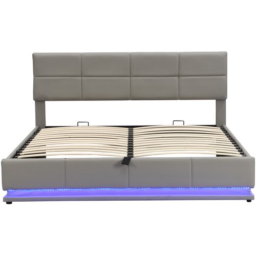 Lumor Oblazinjena postelja s predalom 180x200 cm z LED razsvetljavo - iz umetnega usnja - svetlo siva, (22150955) Cene