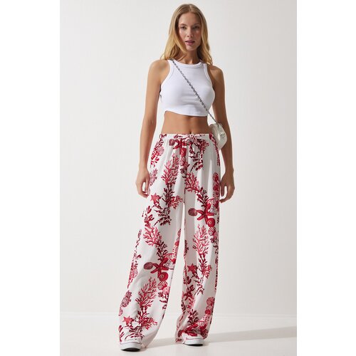 Women's White Pink Patterned Flowing Viscose Palazzo Trousers Slike