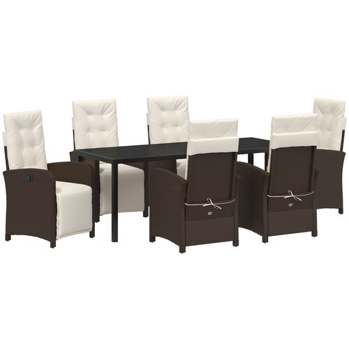 VidaXL 7-delni vrtnarski set za obedovanje z blazinami Rjav poli ratan, zunanja miza Črna 200x80x73 cm Steklena Slike