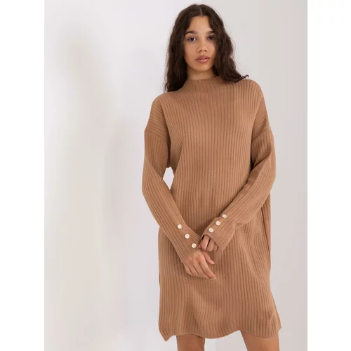 Fashion Hunters Camel knitted dress with buttons on the sleeves