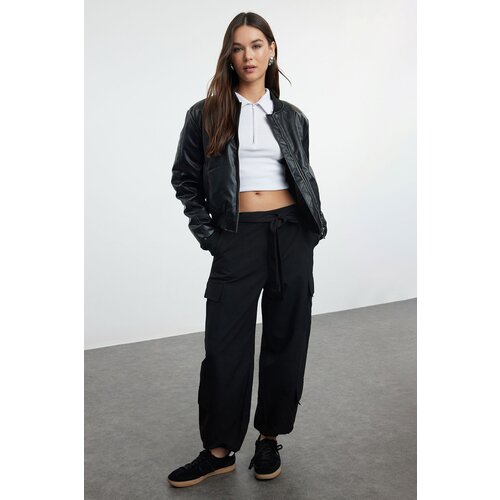 Trendyol Black Soft Textured Cotton Gabardine Belted Cargo Woven Trousers Cene