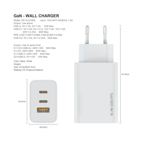 Fulmova A-HDSC1229 GaN USB-C zidni punjač 25 W sa USB-C kablom, bel Slike