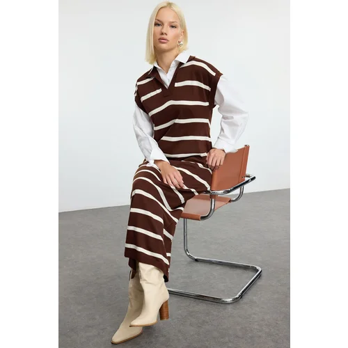 Trendyol Brown Striped Long Knit Sweater