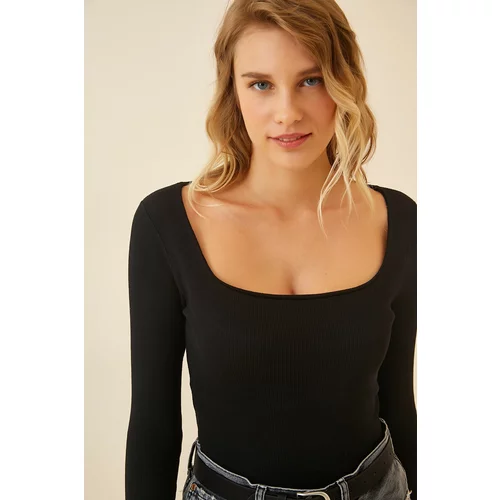 Happiness İstanbul Women's Black Square Collar Corduroy Knitted Blouse