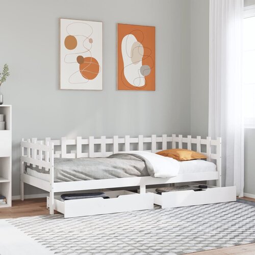 VidaXL Dnevna postelja s predali bela 90x190 cm trdna borovina Slike