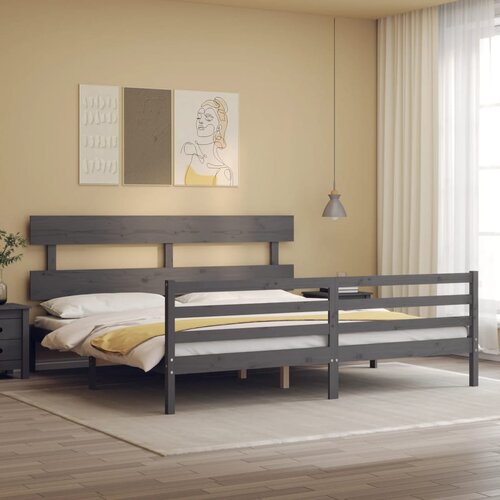 The Living Store Posteljni okvir z vzglavjem siv 200x200 cm trden les - Posteljni Okvir, (21527673) Slike