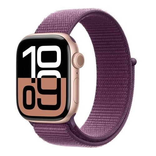 Apple Watch Series 10 [GPS 46mm case] Smartwatch with Rose Gold Aluminium Case with Plum Sport Loop. Fitness Tracker, ECG App, Always-On Retina Display, Carbon Neutral Cene