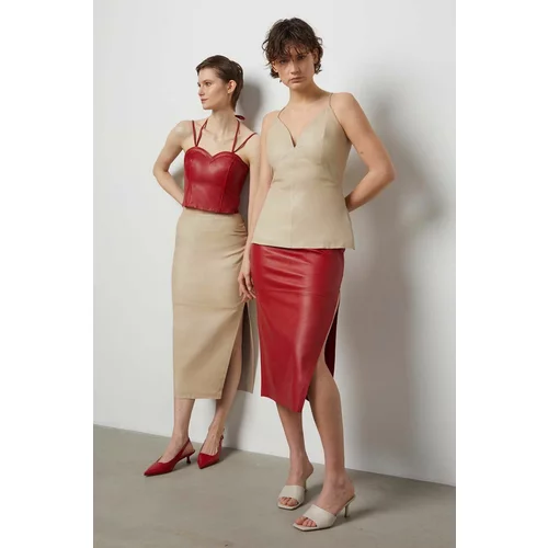 Answear Lab Kožna suknja boja: crvena, midi, ravna