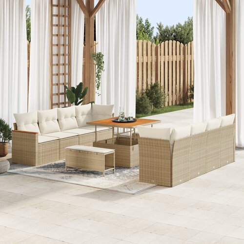 VidaXL set od 11 delova vrtnih sofa s jastucima Bež Poli Ratan Akacija Slike