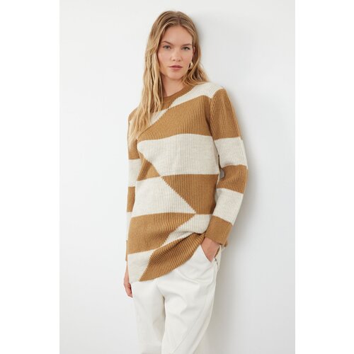 Trendyol camel color block thessaloniki knitted soft textured knitwear sweater Cene