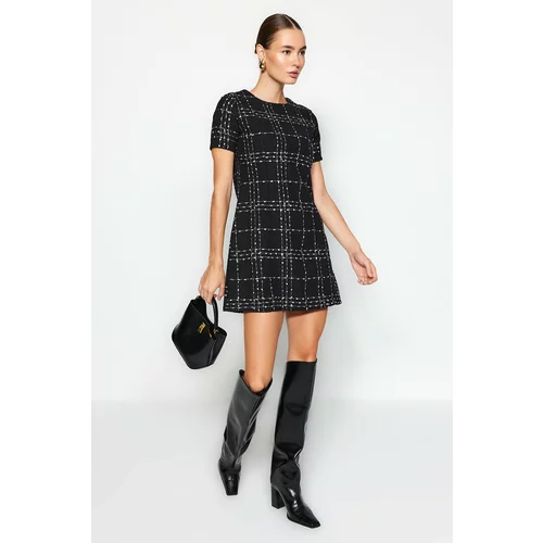 Trendyol Black Straight Cut Mini Woven Tweed Dress