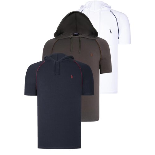 Dewberry TRIPLE SET T8570 HOODED MEN'S T-SHIRT-NAVY BLUE-WHITE-KHAKI Slike