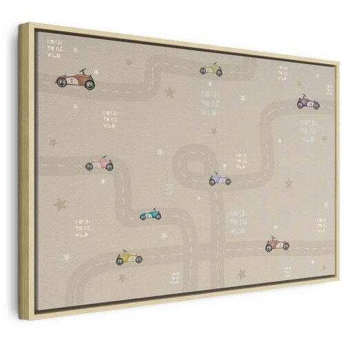  Slika - Race - Colorful Cars on a Road on a Beige Background with Inscriptions 60x40 U prirodnom drvenom okviru Cene