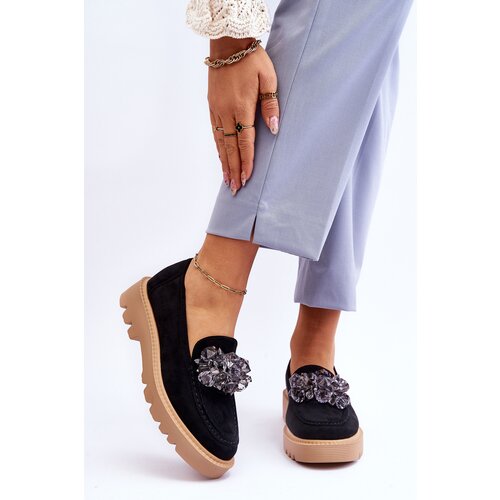 Kesi Fashionable suede loafers with crystals Black Demeris Cene