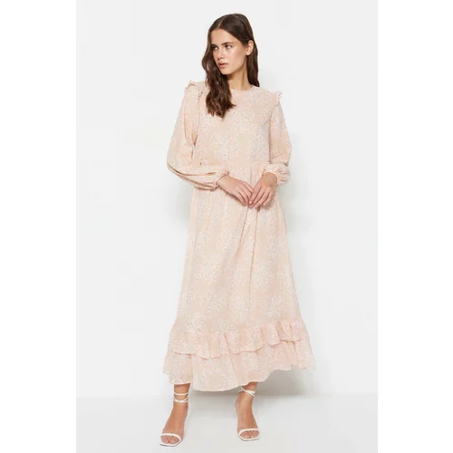 Trendyol Light Pink Floral Lined Woven Chiffon Dress with Ruffle Detailed on the Shoulders