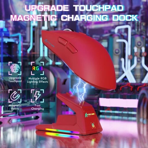 Attack Shark bežični gaming mi&amp;scaron; X1 PAW3395PRO/40000 dpi/omron switches/trimode/red + charging dock Slike