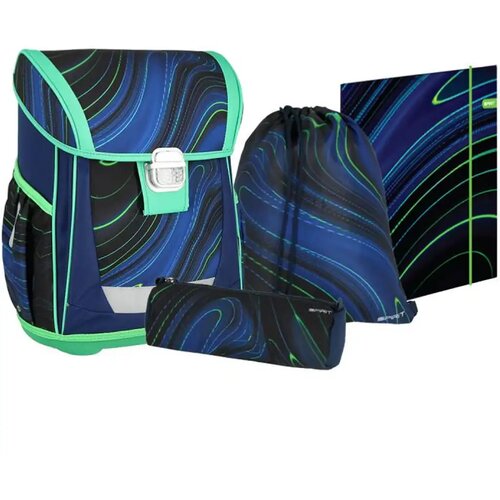 Spirit blue stripes plavo-zelene pruge na crnoj podlozi &amp;scaron;kolska torba, ruksak set od 4 komada 41x20x32cm Slike