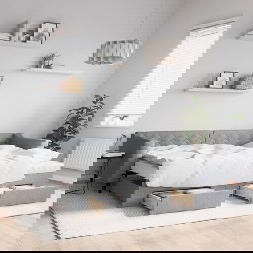 VidaXL Izvlečna dnevna postelja s predali svetlo siva 90x200 cm blago Slike