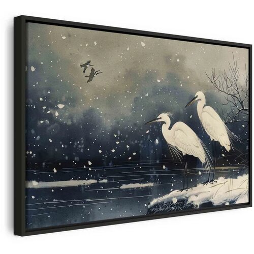  Slika - Herons over a winter pond - Japanese-style illustration in dark colours 90x60 U crnom drvenom okviru Cene
