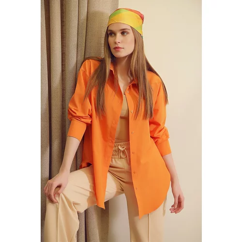 Trend Alaçatı Stili Women's Orange Oversize Long Woven Shirt