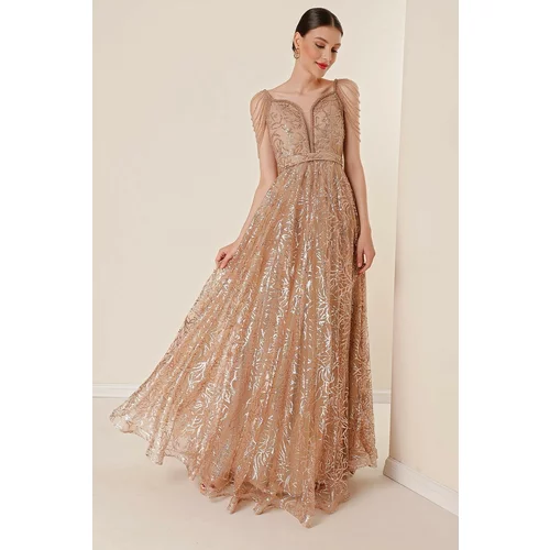 By Saygı Lined with Beads, Glitter Flocked Print Long Dress Gold