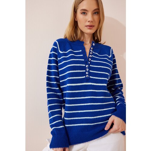  Women&amp;#039;s Blue Ecru Buttoned Collar Knitwear Sweater Slike