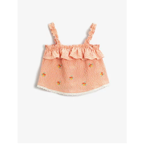Koton Floral Embroidered Gingham Dress with Ruffled Straps
