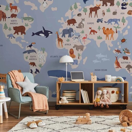  Foto tapeta - World Map With Animal Illustrations 200x140 Standard Slike