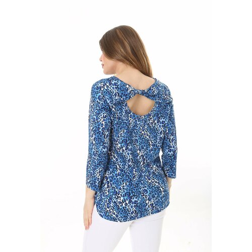 Şans women's plus size blue back detail crew neck capri sleeve blouse Slike