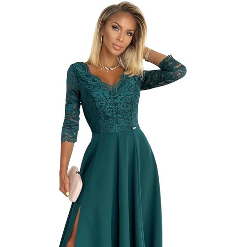 Numoco 309-5 AMBER elegant lace long dress with a neckline - BOTTLE GREEN Cene