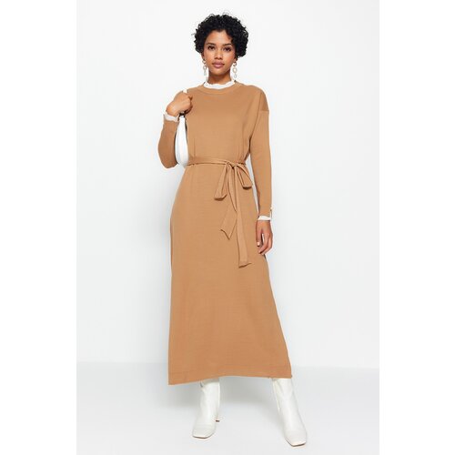 Trendyol Camel Pearl Detailed Knitwear Dress Cene