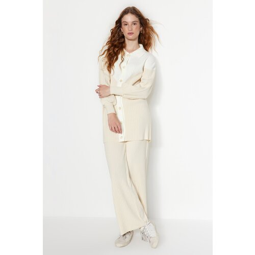 Trendyol Light Beige Color Block, Ribbed Cardigan-Pants, Sweater Top-Upper Set Slike